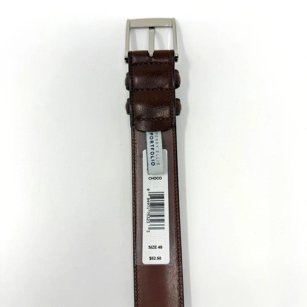Perry Ellis Portfolio HC Milled Leather Belt Mens Size 48 Brown Big Tall NWT